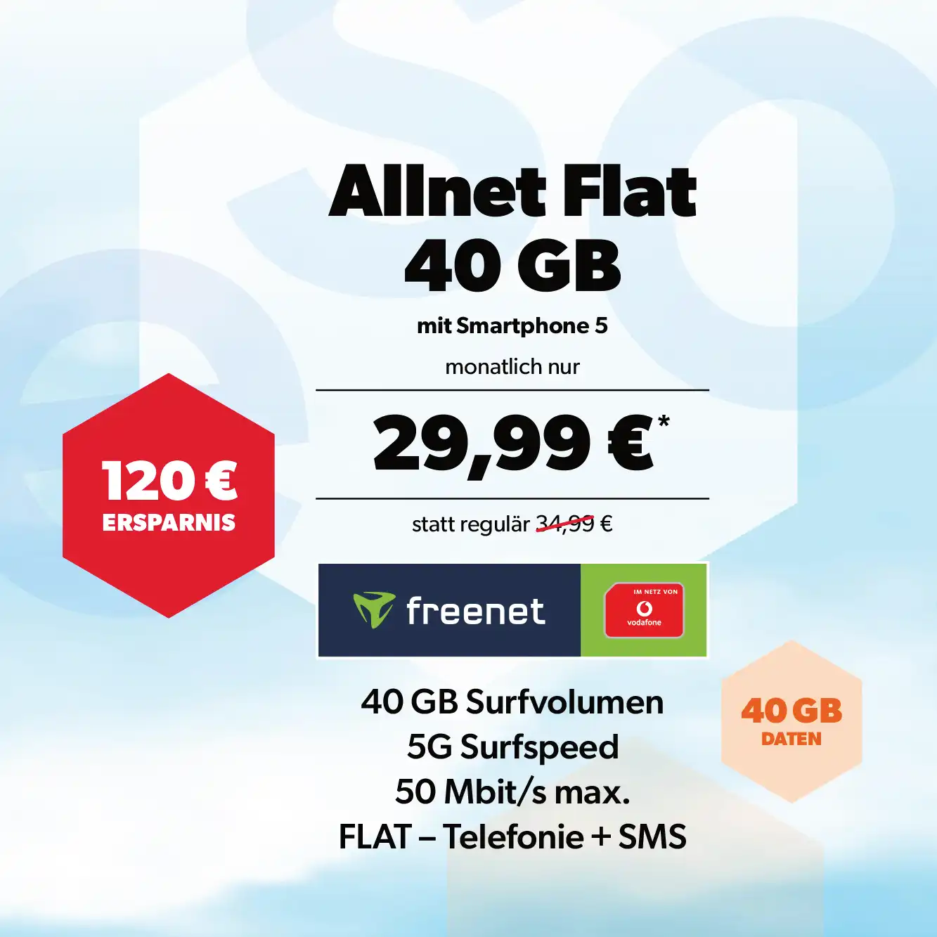 Freenet Angebot: Allnet Flat 40 GB für 29,99 €. Jetzt bei M-Mobile Media buchbar.