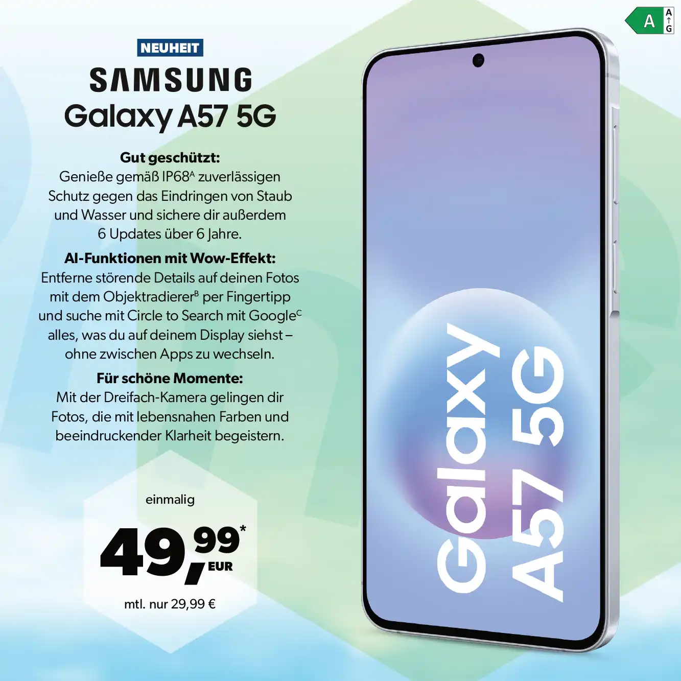 Freenet Angebot bei M-Mobile Media: Samsung Galaxy A57 5G für 49,99 €, dann 29,99 € monatlich.